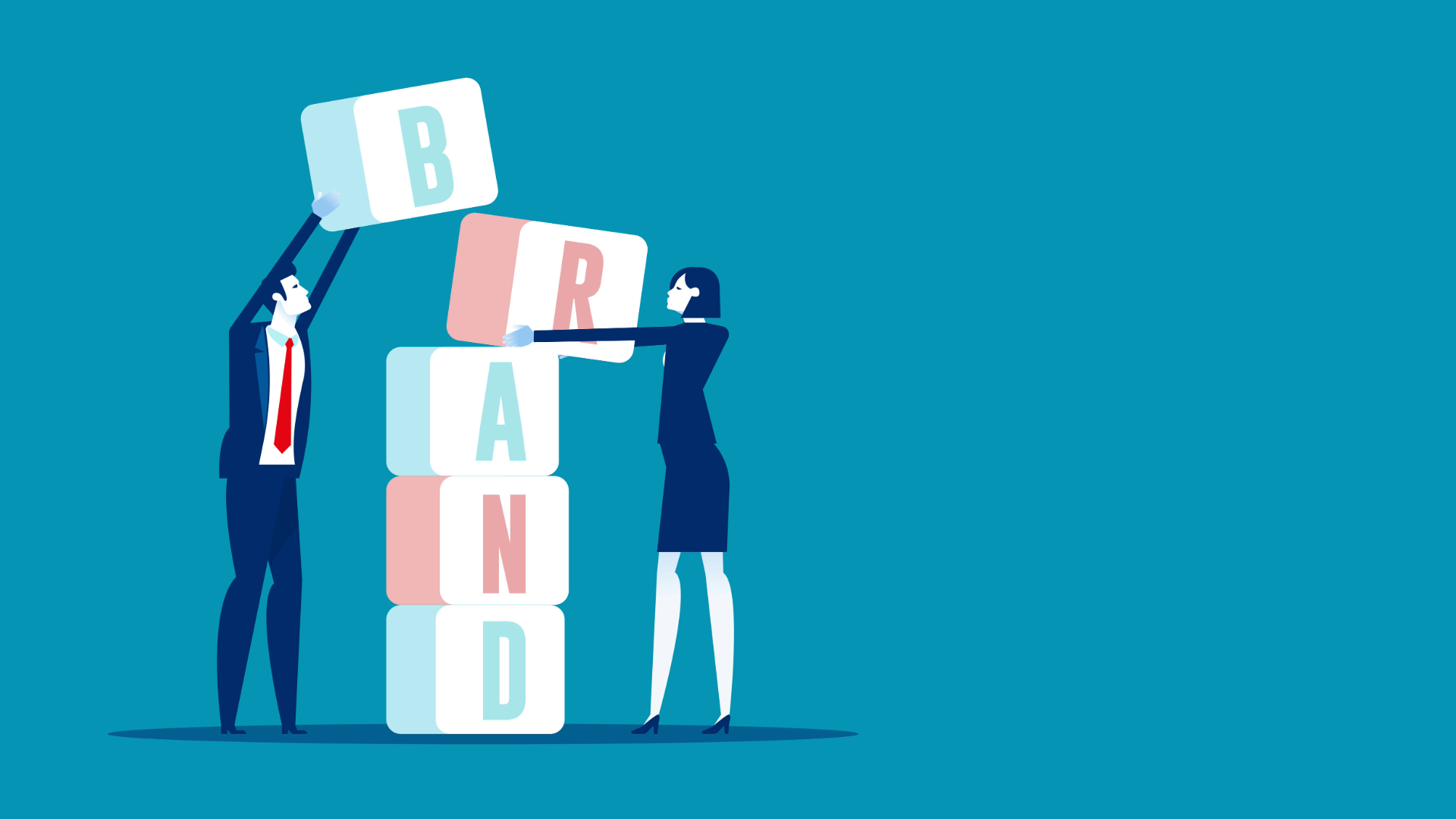 Illustration with a teal background of a man and a woman in business suits building blocks in pink and aqua that spell the word brand.