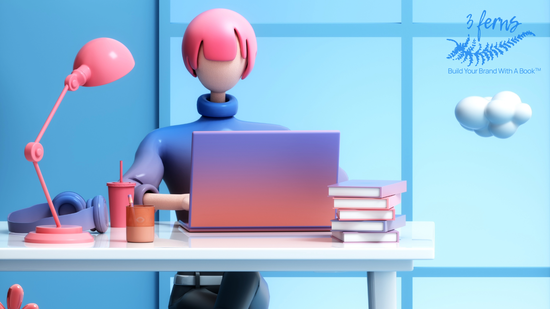 Illustration of a 3D cartoon woman with pink hair sitting at a desk with a laptop, a pink lamp, and books.