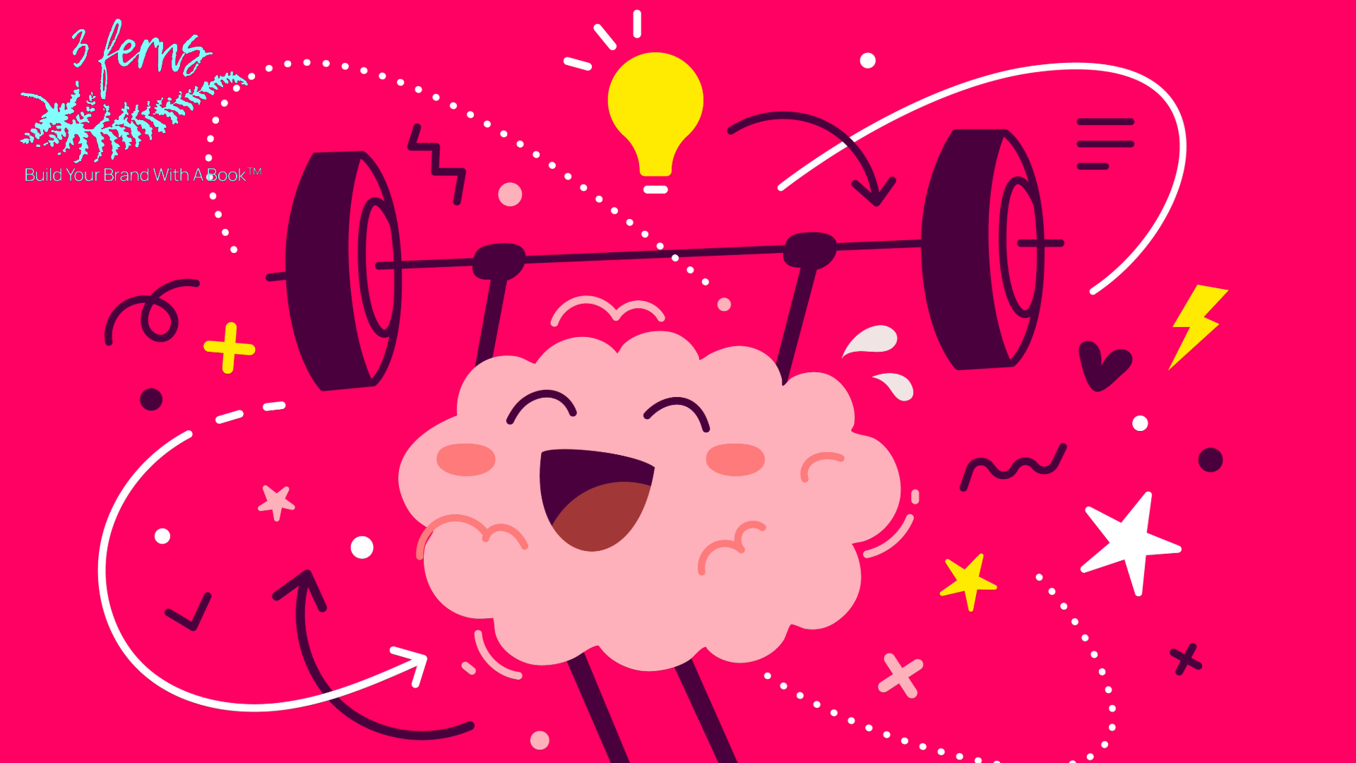Pink cartoon image of a happy brain lifting weights
