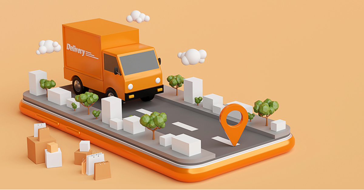 Drawing of an orange delivery truck on a road with an orange background and white clouds