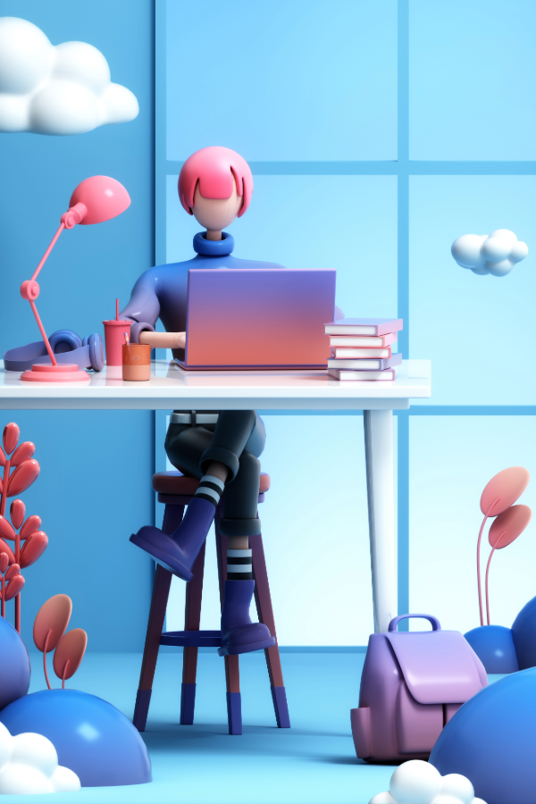 Illustration of a 3D cartoon woman with pink hair sitting at a desk with a laptop, a pink lamp, and books.