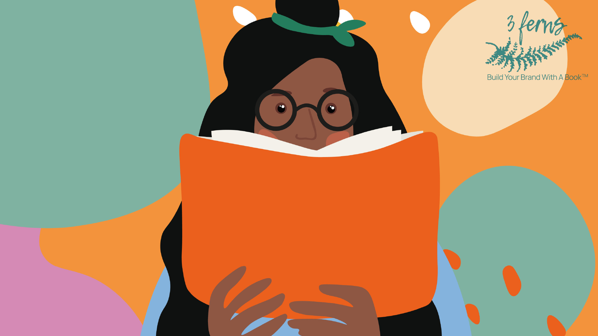 Cartoon illustration of a young black woman on a multicoloured abstract background reading a book with an orange cover. She is wearing a green headband.
