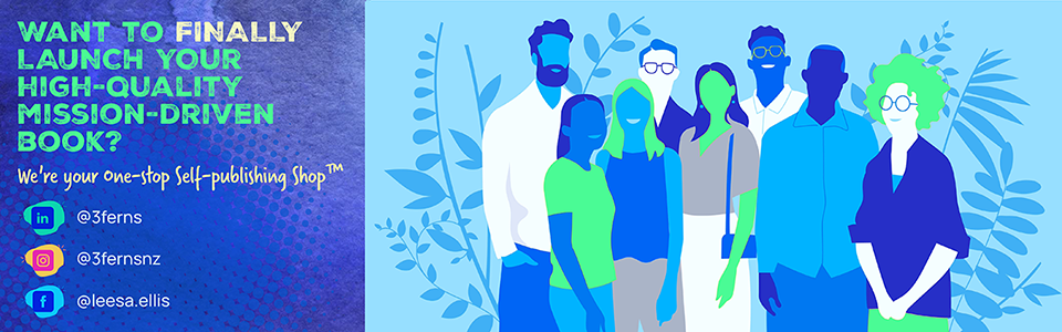 Banner offering self-publishing services with a blue and green illustration of a group of people.