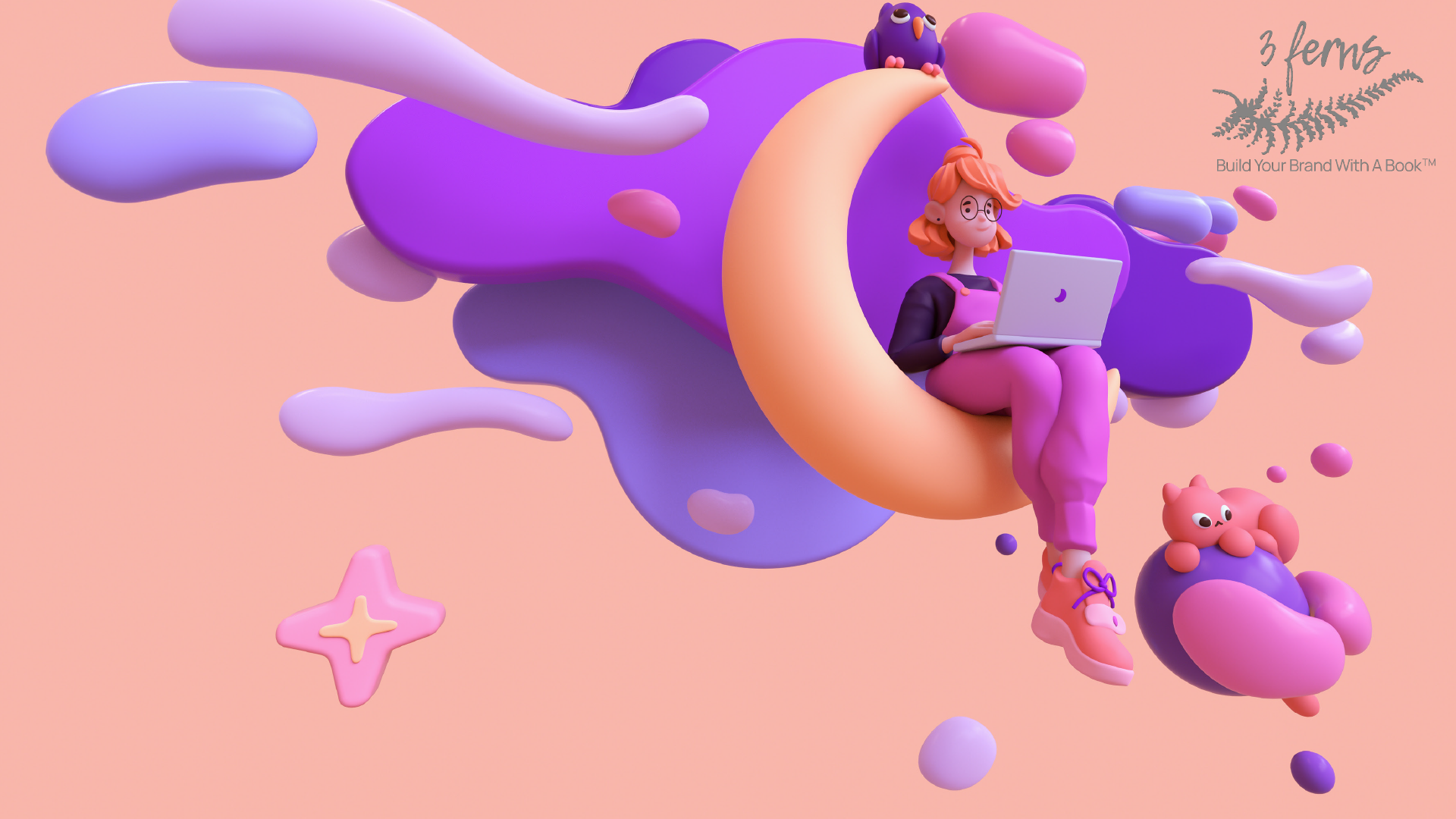 Illustration of a young woman working on a laptop and sitting on an orange moon. The background is orange with purple clouds.