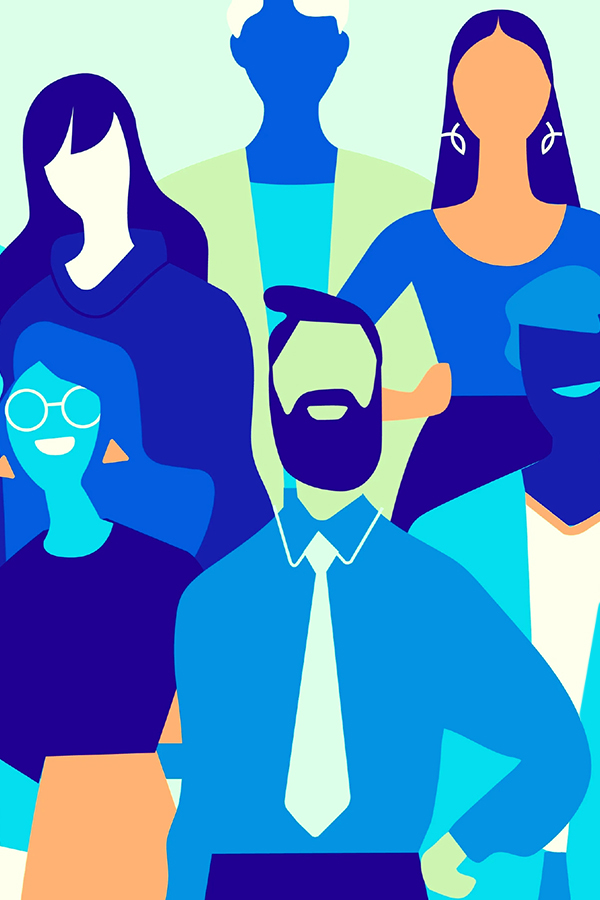 Multicoloured illustration of people in business attire.