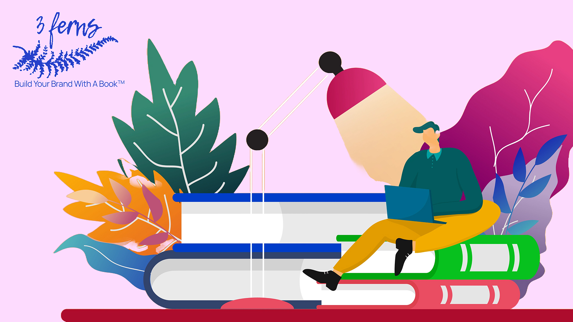 A multicolored illustration of a man sitting on a pile of books with his laptop.
