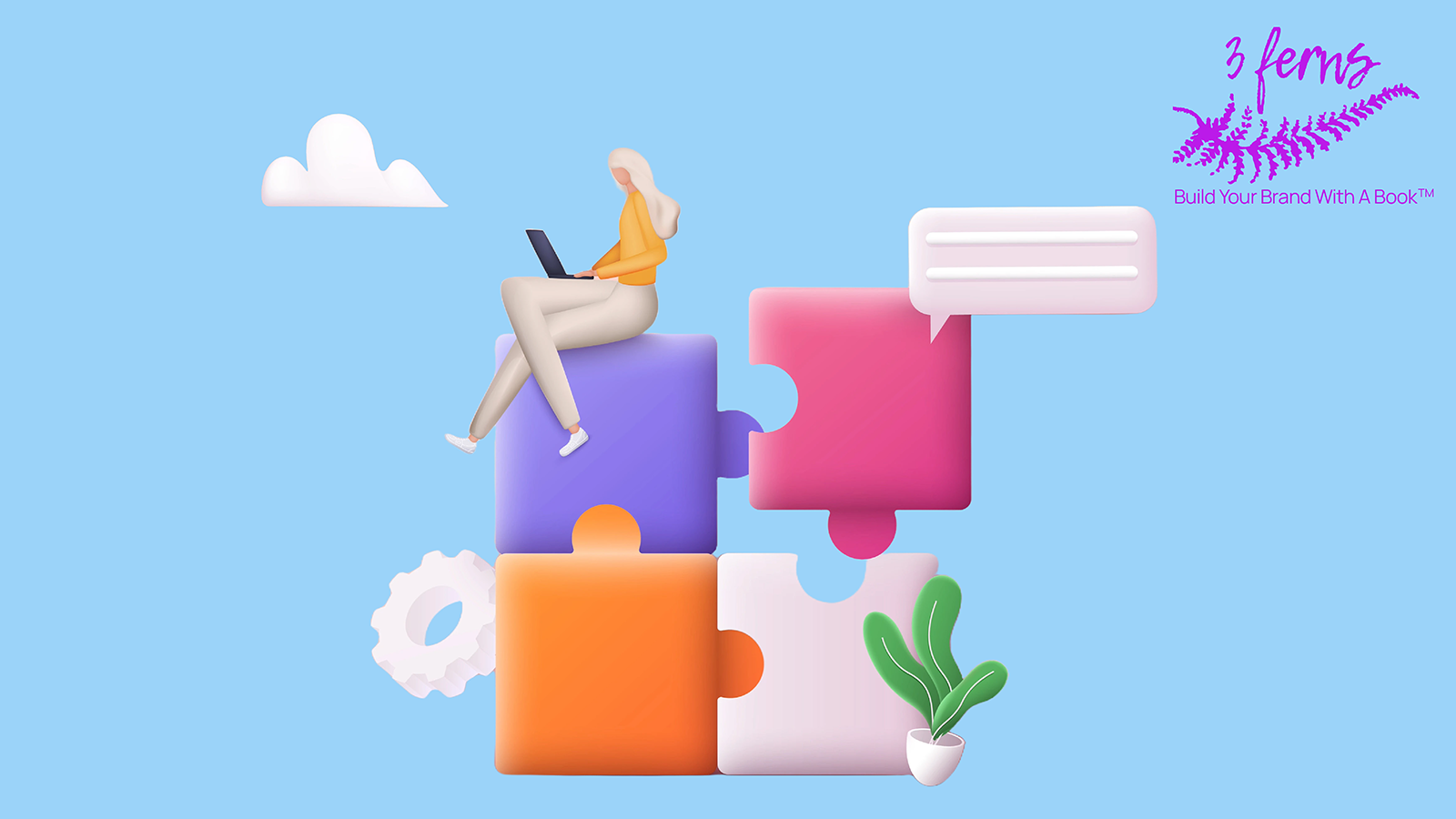 Multicoloured illustration of a woman sitting at her laptop on top of a pile of puzzle pieces. There is a white cloud in the blue sky and a cactus at the bottom.