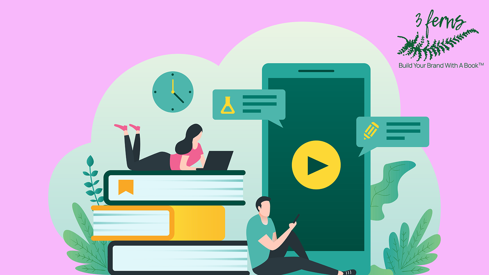 Multicoloured illustration of a man and a woman on a pile of books and sitting by a cellphone.