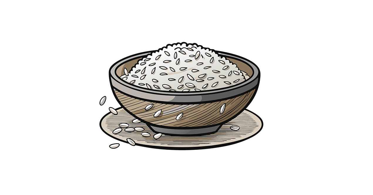 Illustration of a brown bowl of white rice.