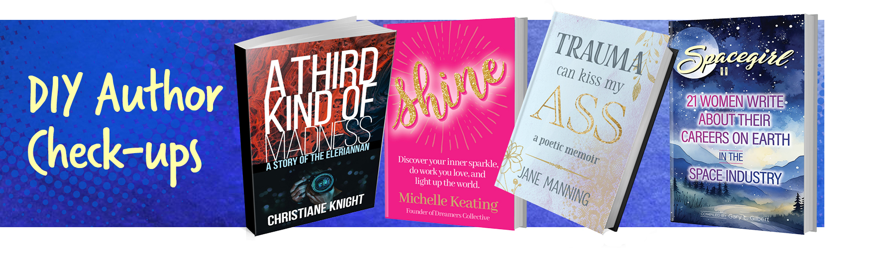 3FB DIY Author Check-ups banner Blue and green banner with an illustration of people standing in a group.