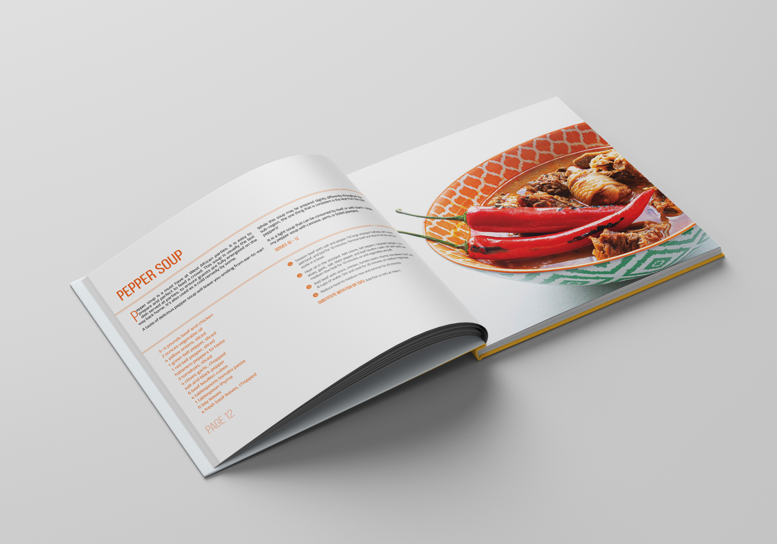 Recipe book open at the recipe for Pepper Soup